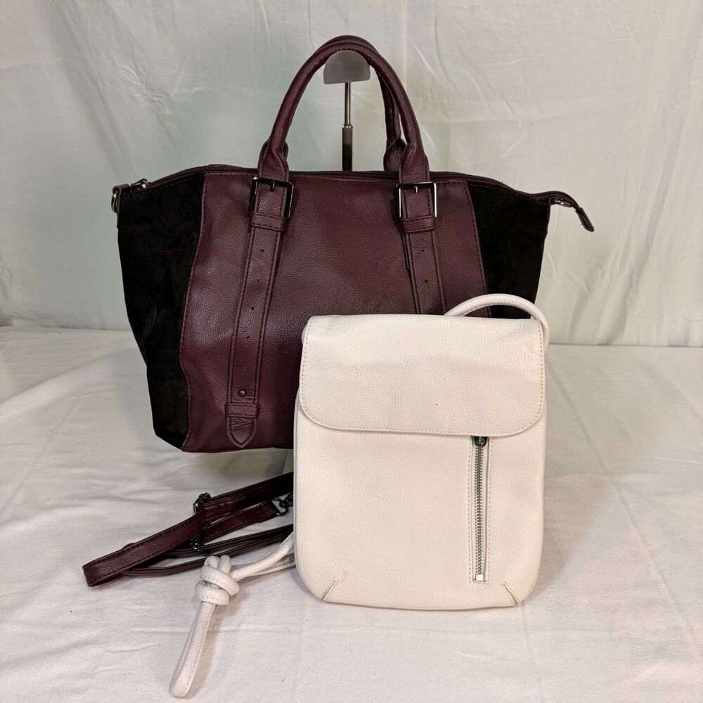 Burgundy Block Satchel Handbag & White Crossbody Sling Bag Bundle Lot Set of 2